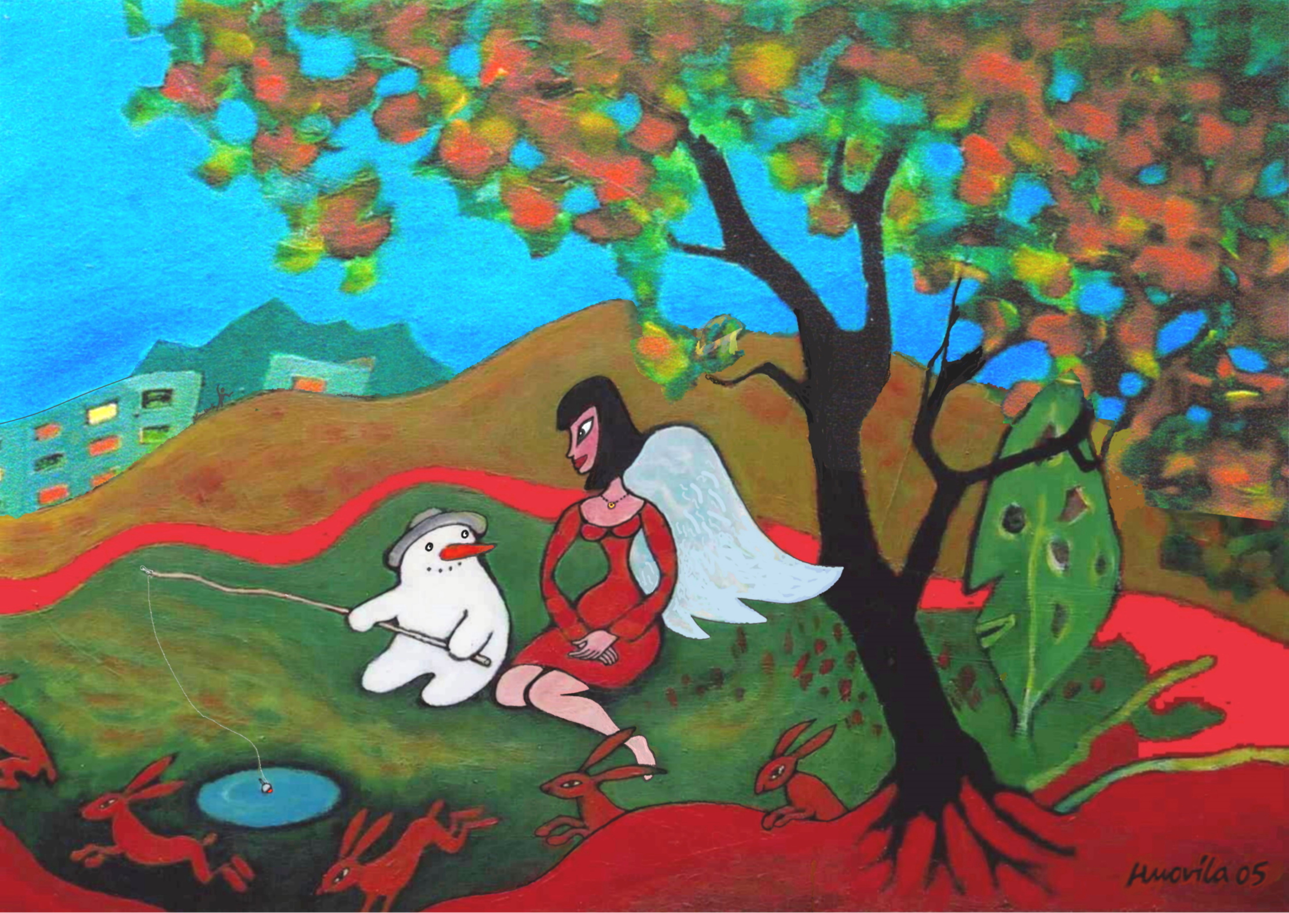 Fishing snowman with angel A6